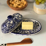Handmade Pottery Butter Dish, Blue Flower - Encantada